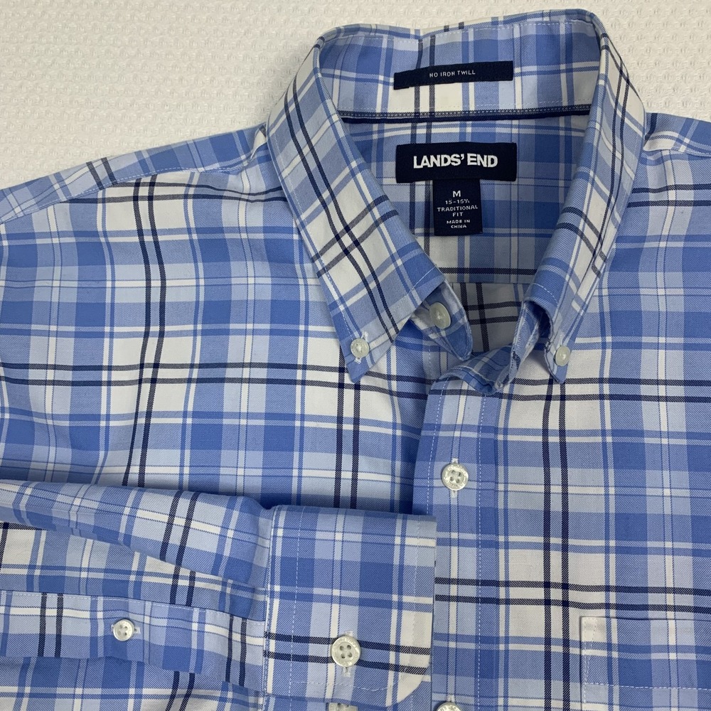 Lands End Traditional Fit Button Up Long Sleeve Cotton Men M 15-15.5 Plaid Blue